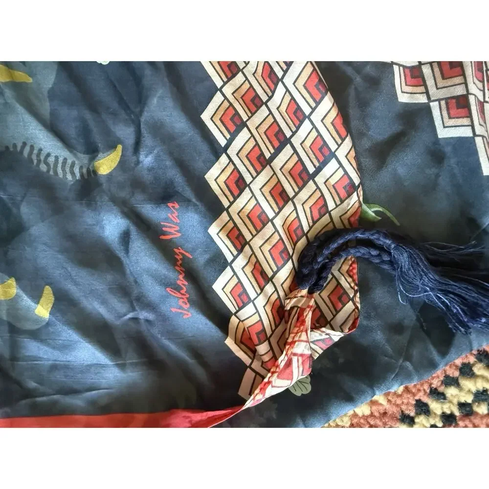 Johnny Was DRAGONA SCARF Blue Red 44” Silk Scarf Fringe